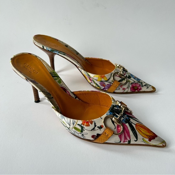 Gucci Flora Horsebit 1955 90's Iconic Kitten Mules Botanical Print sz 8B - Picture 1 of 10